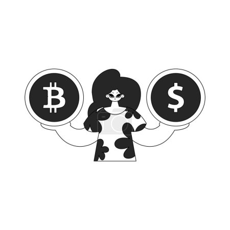 Illustration for A unique woman is holding a bitcoin and dollar coin. Linear black and white style. - Royalty Free Image