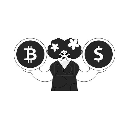 Ilustración de A unique woman holds a bitcoin and dollar coin in her hands. Newspaper black and white style. - Imagen libre de derechos