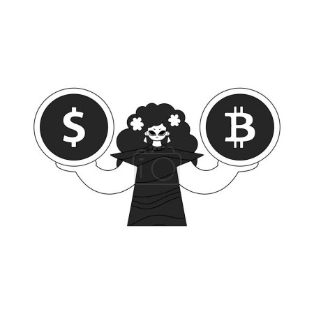 Illustration for An attractive woman holds a bitcoin and dollar coin in her hands. Linear black and white style. - Royalty Free Image