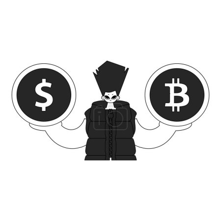 Téléchargez les illustrations : Unique man holding bitcoin and dollar coin. Newspaper black and white style. - en licence libre de droit