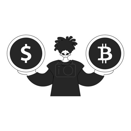 Téléchargez les illustrations : A unique man holds a coin of bitcoin and dollar in his hands. Linear black and white style. - en licence libre de droit