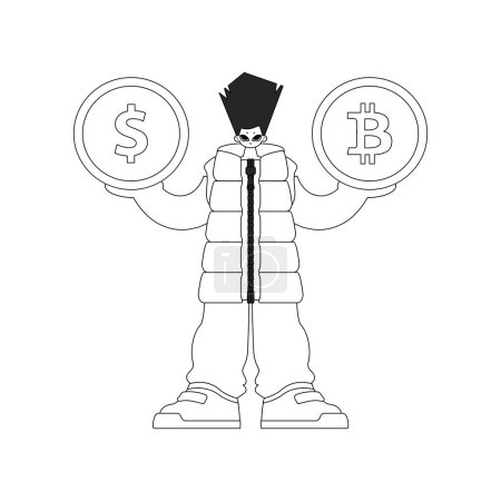 Téléchargez les illustrations : A stunning man holds a bitcoin and dollar coin in his hands. Linear black and white style. - en licence libre de droit
