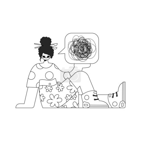 Téléchargez les illustrations : Irritated woman demonstrates confused thoughts. Theme of psychology. Linear black and white style. - en licence libre de droit