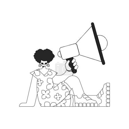 Illustration for Expert HR specialist woman holding a megaphone in her hands. HR topic. Linear newspaper black and white style. - Royalty Free Image