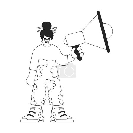 Illustration for Accomplished HR specialist woman holding a megaphone in her hands. HR topic. Linear newspaper black and white style. - Royalty Free Image