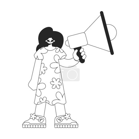Illustration for Proficient HR specialist woman holding a megaphone in her hands. HR topic. Linear black and white style. - Royalty Free Image