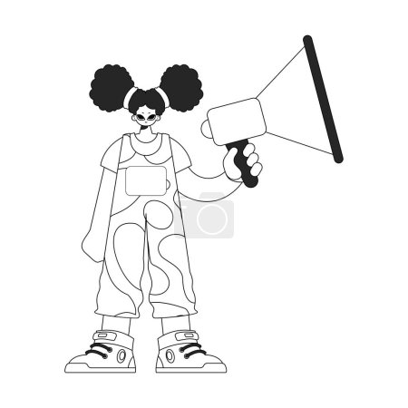 Illustration for Efficient HR specialist woman holding a megaphone in her hands. HR topic. Linear newspaper black and white style. - Royalty Free Image