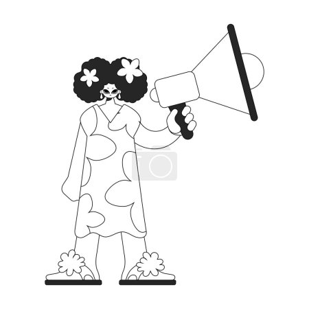 Illustration for An experienced HR specialist woman holds a megaphone in her hands. HR topic. Newspaper black and white style. - Royalty Free Image