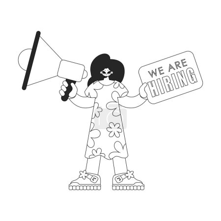Illustration for Competent HR specialist woman holding a megaphone in her hands. HR topic. Linear black and white style. - Royalty Free Image