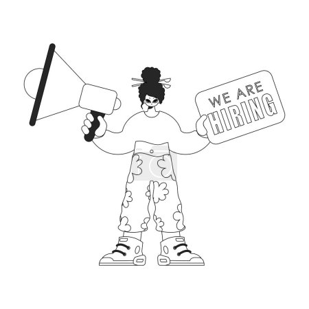 Illustration for Skilled HR specialist woman holding a megaphone in her hands. HR topic. Linear newspaper black and white style. - Royalty Free Image