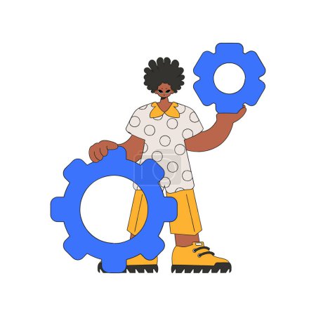 Illustration for Fashionable man holding gears in his hands. Idea theme. - Royalty Free Image