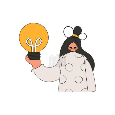Téléchargez les illustrations : An elegant girl is holding a light bulb. Idea theme. - en licence libre de droit