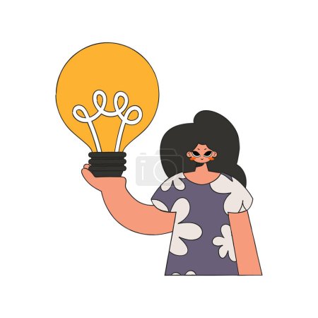 Téléchargez les illustrations : Une femme élégante tient une ampoule dans ses mains. Thème idée. - en licence libre de droit