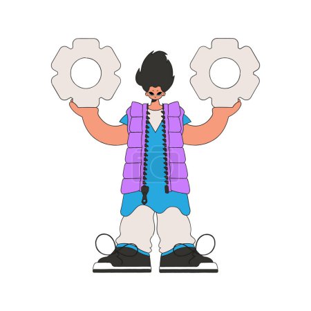 Illustration for Presentable Guy holds gears in his hands. Idea theme. - Royalty Free Image
