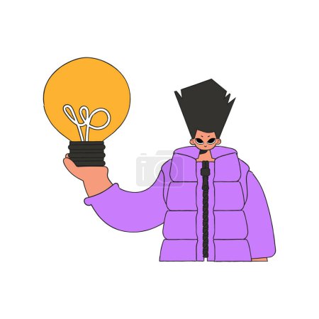 Téléchargez les illustrations : A fashionable guy holds a light bulb in his hands. Idea theme. - en licence libre de droit