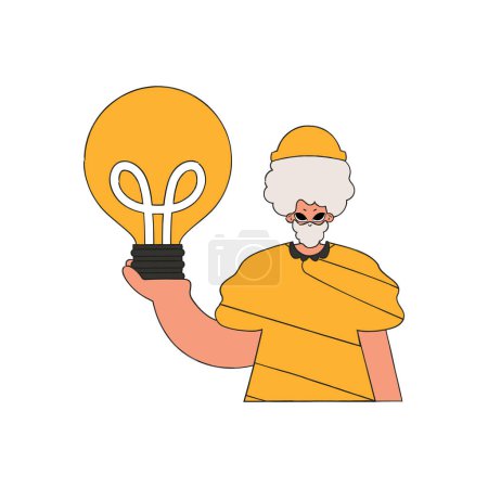 Téléchargez les illustrations : Gorgeous guy holding a light bulb. Idea theme. - en licence libre de droit