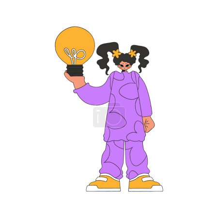 Téléchargez les illustrations : Stylish girl holding a light bulb. Idea theme. - en licence libre de droit