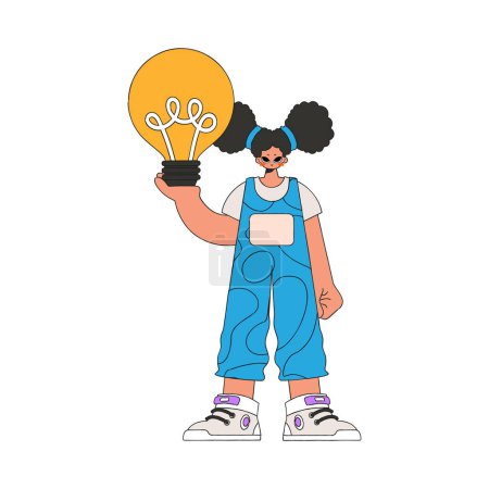 Illustration for A beautiful girl is holding a light bulb in her hands. Idea theme. - Royalty Free Image
