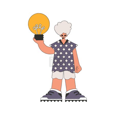 Téléchargez les illustrations : A handsome guy is holding a light bulb. Idea theme. - en licence libre de droit