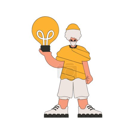 Téléchargez les illustrations : A handsome man is holding a light bulb. Idea theme. - en licence libre de droit