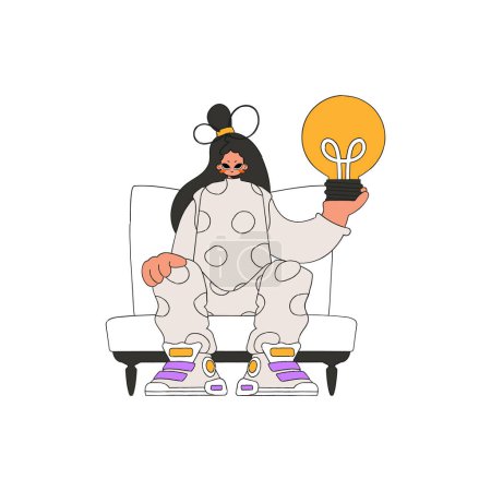 Téléchargez les illustrations : A presentable girl is holding a light bulb. Idea theme. - en licence libre de droit