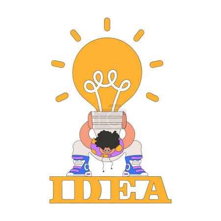 Illustration for Funny illustration on the theme of the idea. A man is holding a heavy large light bulb. - Royalty Free Image