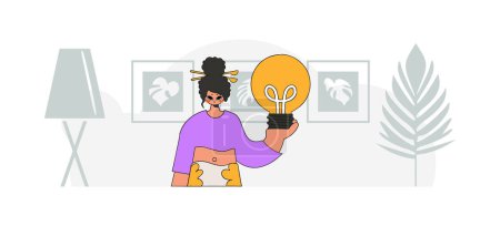 Illustration for An elegant girl is holding a light bulb. Illustration on the theme of the appearance of an idea. - Royalty Free Image