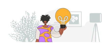 Illustration for An elegant guy is holding a light bulb. Idea concept. trendy character. - Royalty Free Image