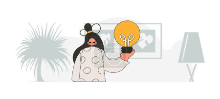 Téléchargez les illustrations : An elegant girl is holding a light bulb. Idea concept. trendy character. - en licence libre de droit
