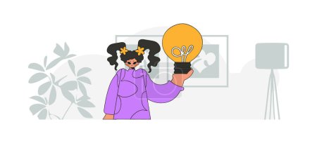 Illustration for An elegant girl holds a light bulb in her hands. Idea theme. Retro trendy style. - Royalty Free Image