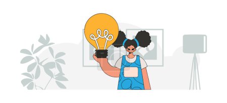 Téléchargez les illustrations : Une fille à la mode tient une ampoule dans ses mains. Illustration sur le thème de l'apparition d'une idée. - en licence libre de droit