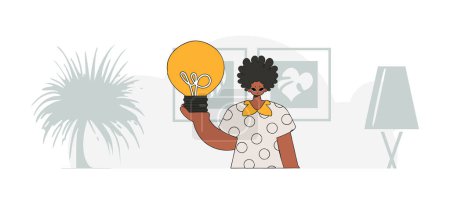 Illustration for An elegant guy holds a light bulb in his hands. Idea theme. Retro trendy style. - Royalty Free Image