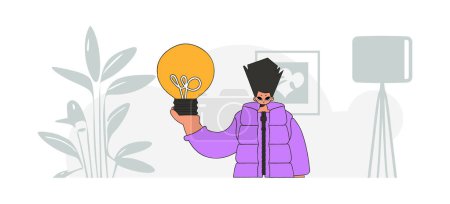 Téléchargez les illustrations : An elegant guy holds a light bulb in his hands. Idea concept. trendy character. - en licence libre de droit