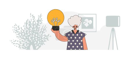 Illustration for Fashionable guy holding a light bulb. Illustration on the theme of the appearance of an idea. - Royalty Free Image