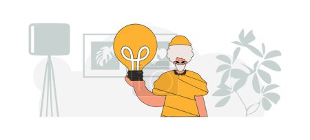 Téléchargez les illustrations : Fashionable guy holding a light bulb. Idea concept. trendy character. - en licence libre de droit