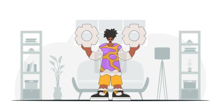 Illustration for Stylish guy holds gears in his hands. Idea theme. Retro trendy style. - Royalty Free Image