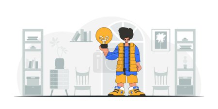 Illustration for A fashionable guy holds a light bulb in his hands. Idea theme. Retro trendy style. - Royalty Free Image
