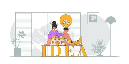 Téléchargez les illustrations : A presentable girl is holding a light bulb. Idea concept. trendy character. - en licence libre de droit