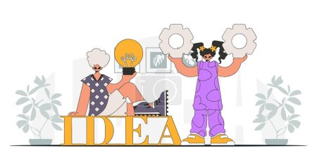 Illustration for The fashion team generates ideas and solves problems. Light bulb and gears in their hands. Idea concept. trendy character. - Royalty Free Image
