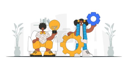 Illustration for Attractive team generates ideas and solves problems. Light bulb and gears in their hands. Illustration on the theme of the appearance of an idea. - Royalty Free Image