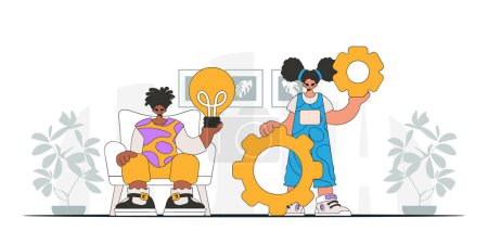 Illustration for A presentable team solves problems and generates ideas. Light bulb and gears in their hands. Idea concept. trendy character. - Royalty Free Image