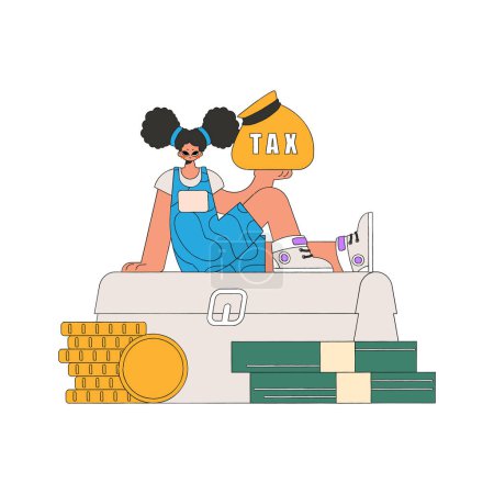 Téléchargez les illustrations : Neat girl rerzhit bag with taxes in her hand. The topic of paying taxes. - en licence libre de droit