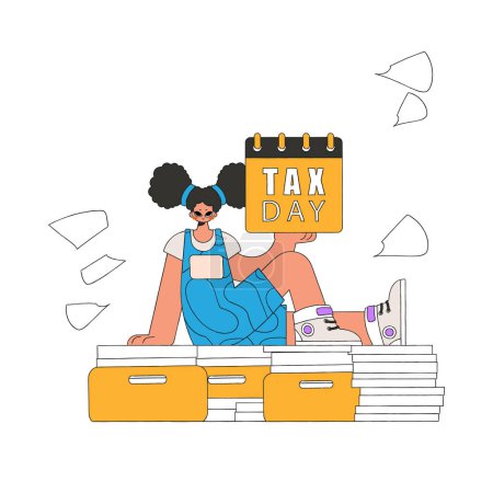 Téléchargez les illustrations : Une fille à la mode tient un calendrier dans sa main. Jour de l'impôt. Le thème du paiement des impôts. - en licence libre de droit