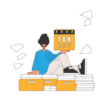 Téléchargez les illustrations : A fashionable man holds a calendar in his hand. TAX day. The topic of paying taxes. - en licence libre de droit