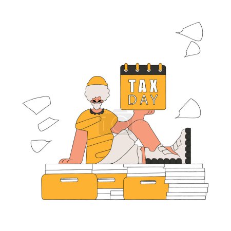 Téléchargez les illustrations : Gorgeous man holds a calendal in his hand. TAX day. The topic of paying taxes. - en licence libre de droit