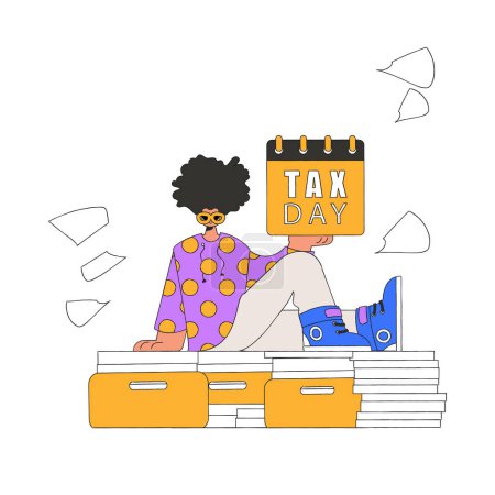Téléchargez les illustrations : A cultured man holds a calendal in his hand. TAX day. The topic of paying taxes. - en licence libre de droit