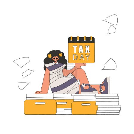 Téléchargez les illustrations : A neat girl rerzhit a calendar in her hand. TAX day. The topic of paying taxes. - en licence libre de droit