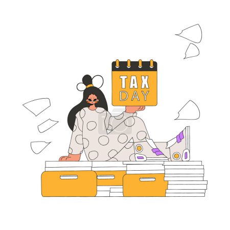 Téléchargez les illustrations : Fille élégante tient un calendrier dans sa main. Jour de l'impôt. Le thème du paiement des impôts. - en licence libre de droit