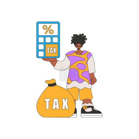 Téléchargez les illustrations : Un homme élégant tient une calculatrice dans sa main. Le thème du paiement des impôts. - en licence libre de droit