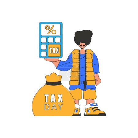 Téléchargez les illustrations : A fashionable man holds a calculator in his hand Tax payment theme. - en licence libre de droit